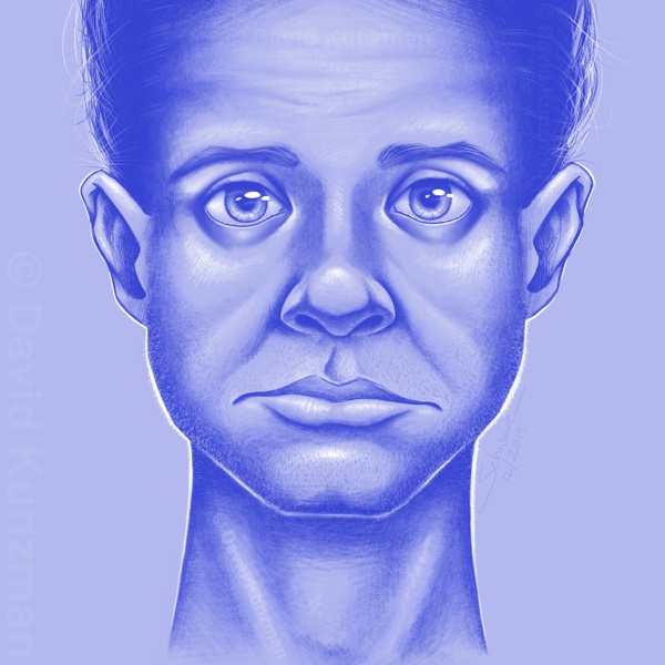 A monotone portrait of a man drawn in blue pencil.  The man has a blank face and is looking directly at the viewer.
