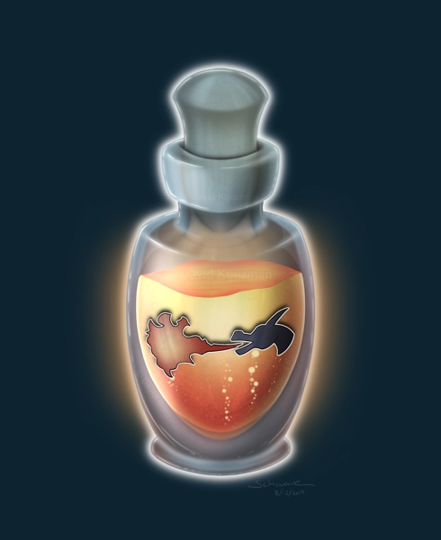 A illustration of a potion of dragon's breath glowing fiery orange and red, as it bubbles up with power.