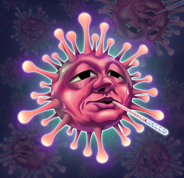 An illustration of a SARS-CoV-2 virus.  Personified with a face and a thermometer in its mouth, the virus looks sick, has a high temperature, is sweating, and generally looks ill.