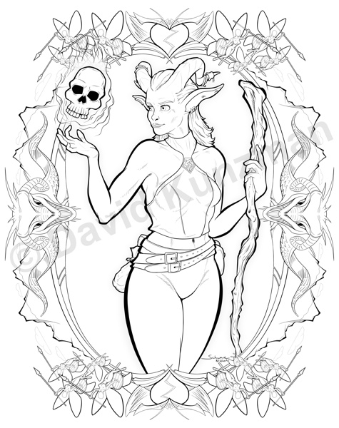 Line art of a tiefling witch levitating a skull and holding a staff, encircled by imagry of dragons, mountains, fairies, and heart shapes.