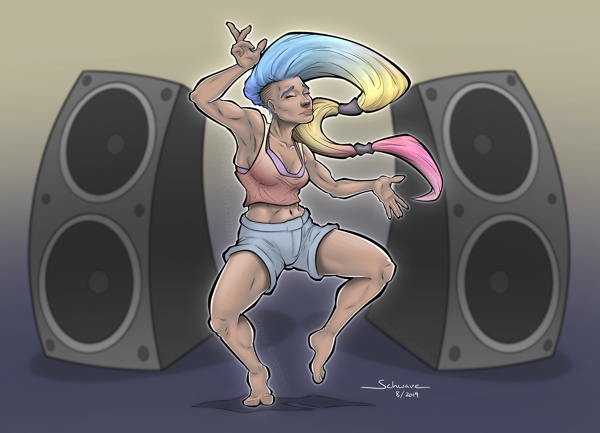 A woman with long, colorful hair dancing to music blasting out of a pair of speakers behind her.