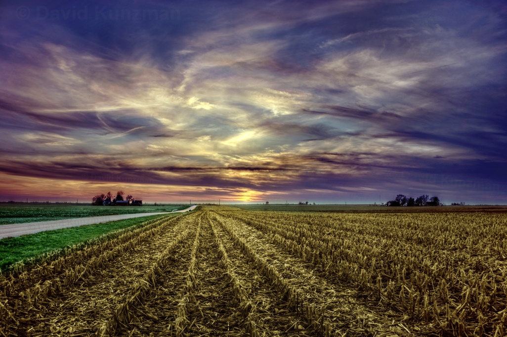 Photograph with rows of harvested corn field and a country road disapearing off into the horizon under a cloud-filled sky as the sun sets.