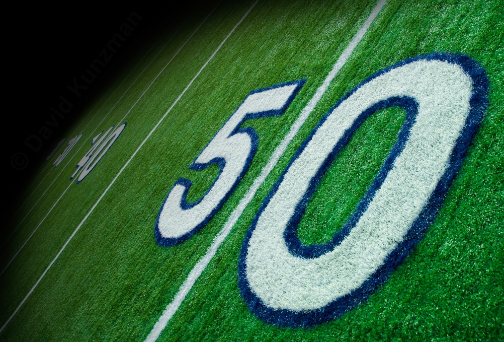 A close view of the fifty yard line.