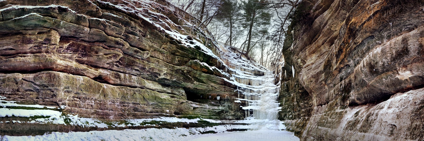 A panorama of a frozen waterfall in Starved Rock Park in Illinois, USA.