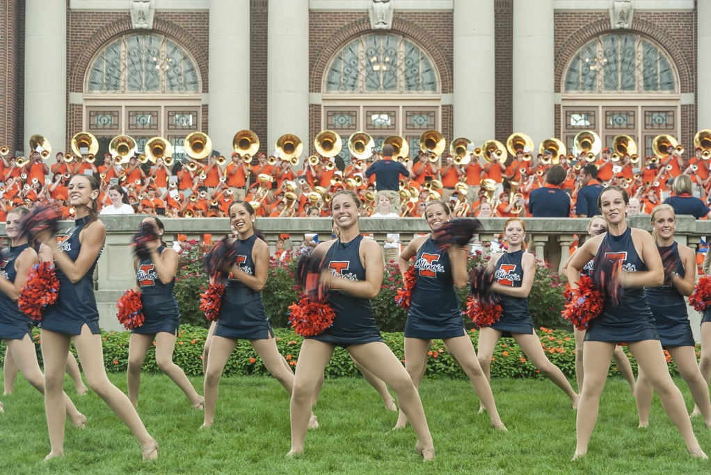 Illinettes Dance Team and Marching Illini performing during Quad Day 2011 at the University of Illinois at Urbana-Champaign (UIUC).