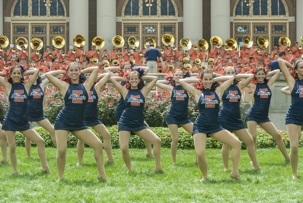 Illinettes Dance Team and Marching Illini performing during Quad Day 2011 at the University of Illinois at Urbana-Champaign (UIUC).